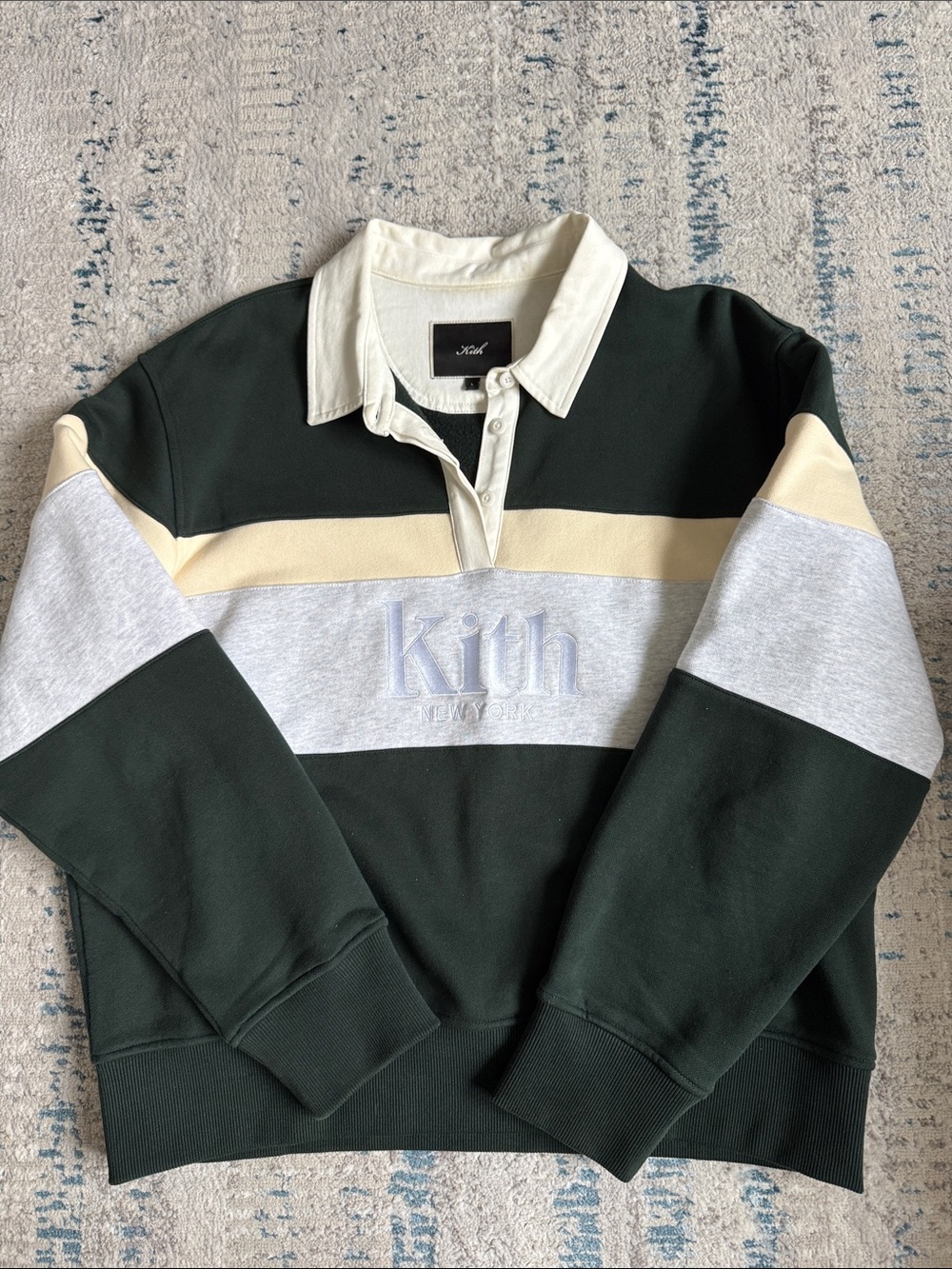 Women’s Kith Dark Green Rugby Nelson Fleece Cream & Light Gray Stripes- size LG